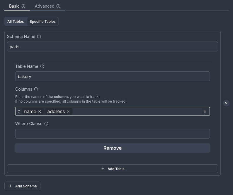 Track specific tables: user and bakery Track specific tables example